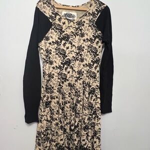 Effie's Heart Black and Cream Floral Long Sleeve Fit-and-Flare Dress